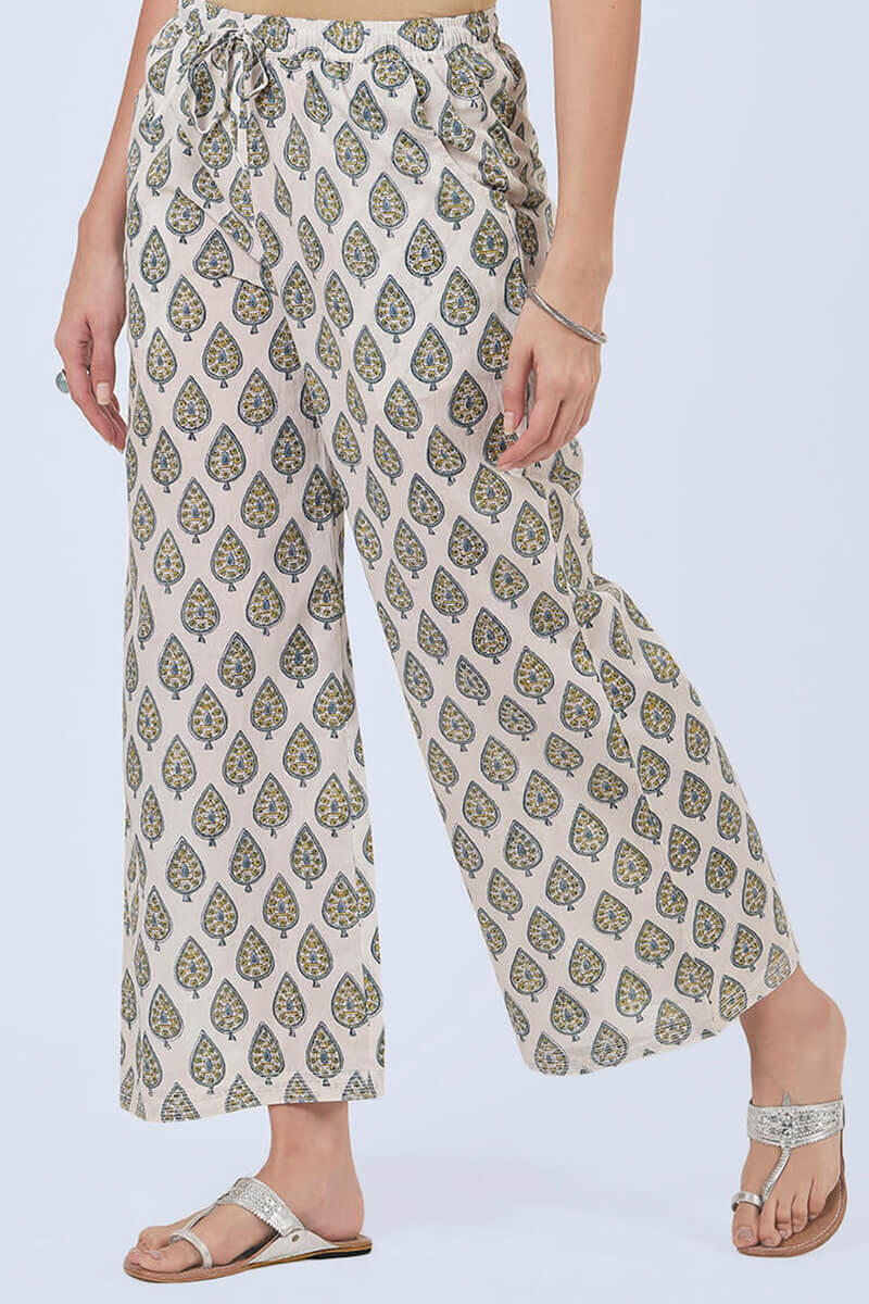 Yellow Block Printed Cotton Farsi Pants