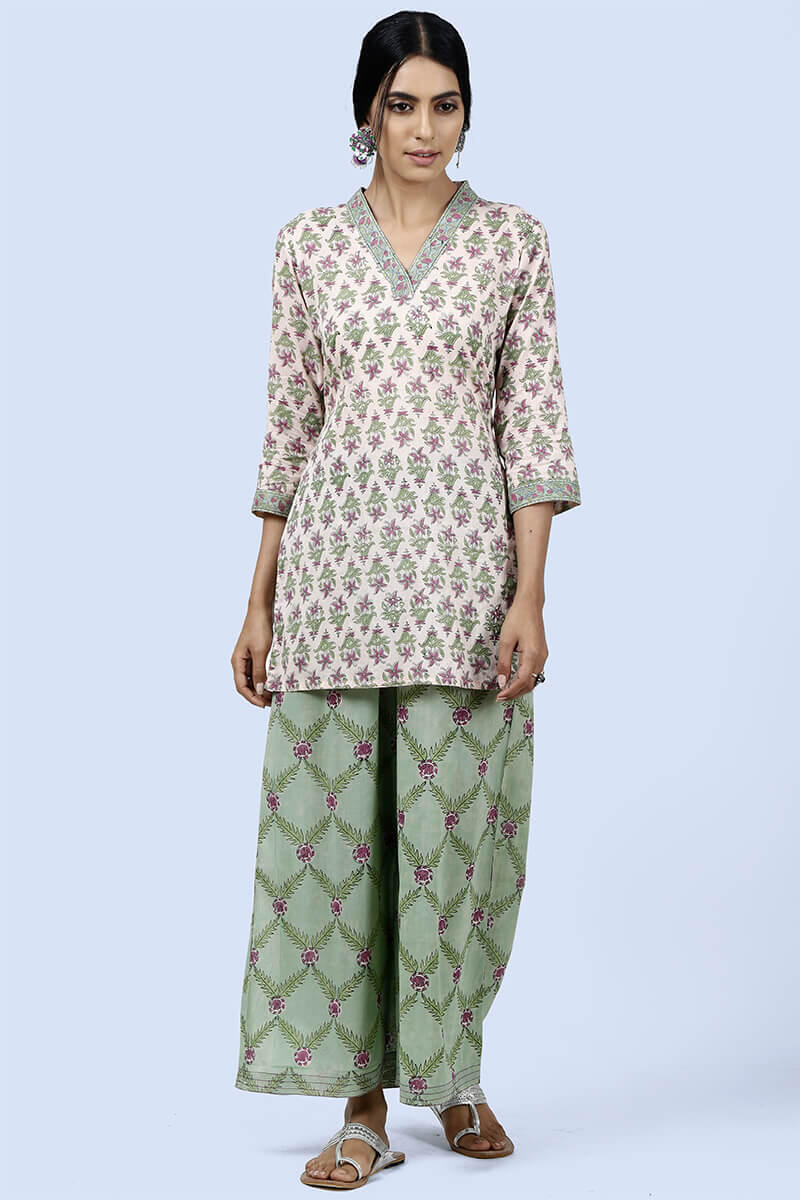 Peach Block Printed Cotton Kurti