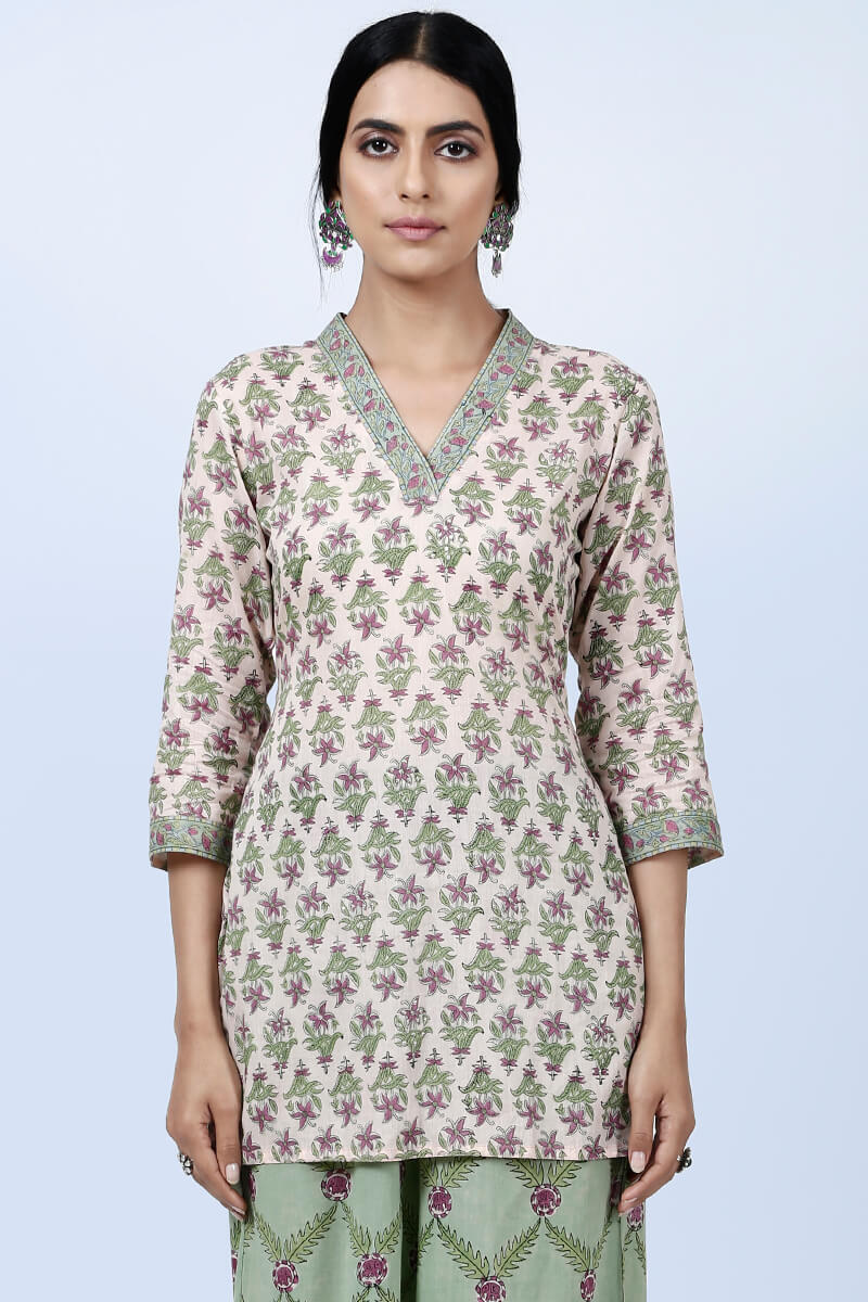 Peach Block Printed Cotton Kurti