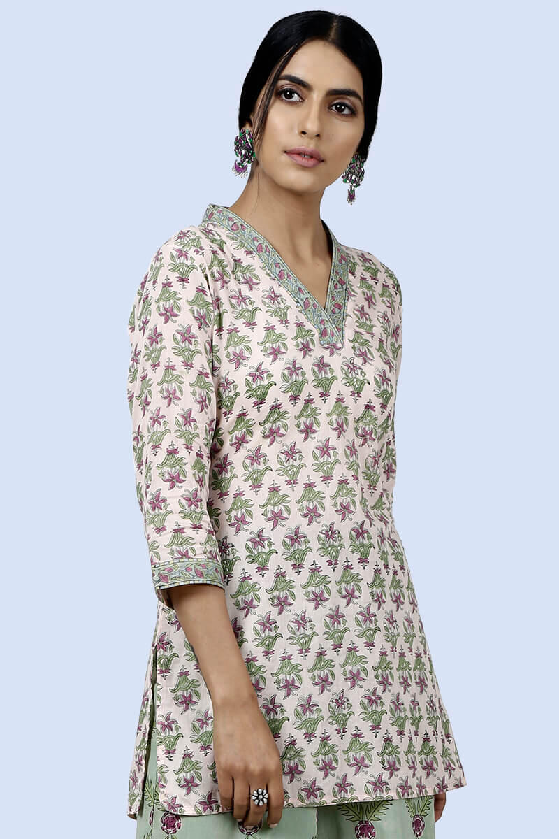 Peach Block Printed Cotton Kurti