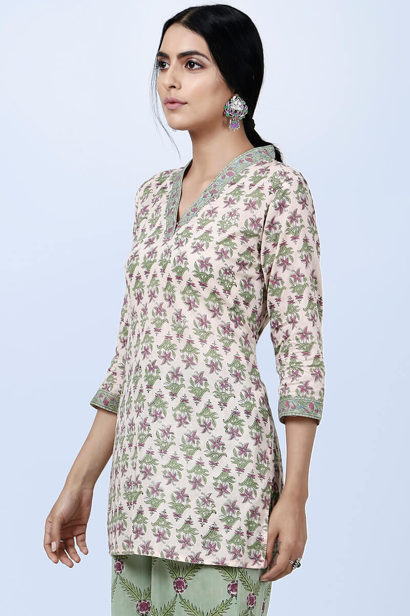 Peach Block Printed Cotton Kurti