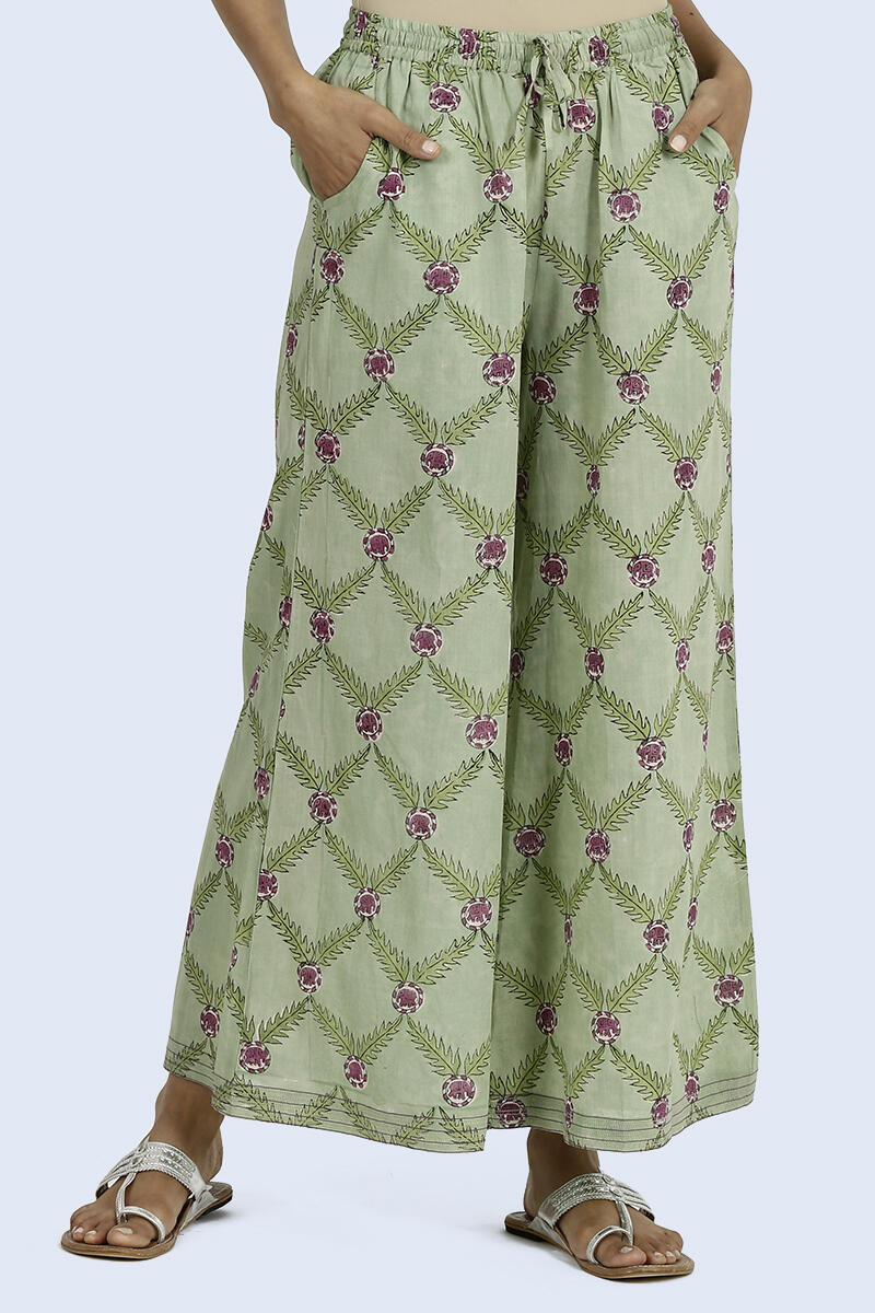 Green Block Printed Cotton Palazzo