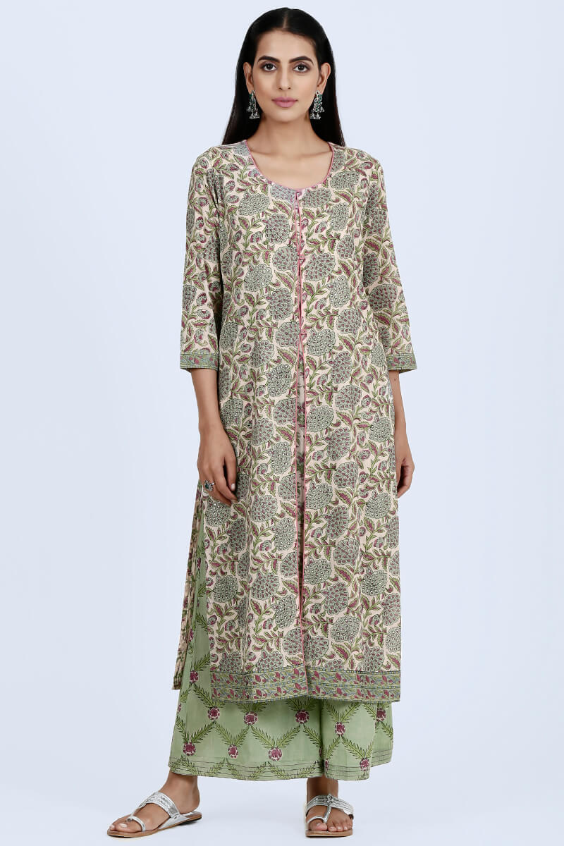 Green Block Printed Cotton Palazzo