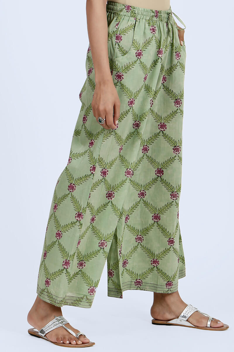 Green Block Printed Cotton Palazzo