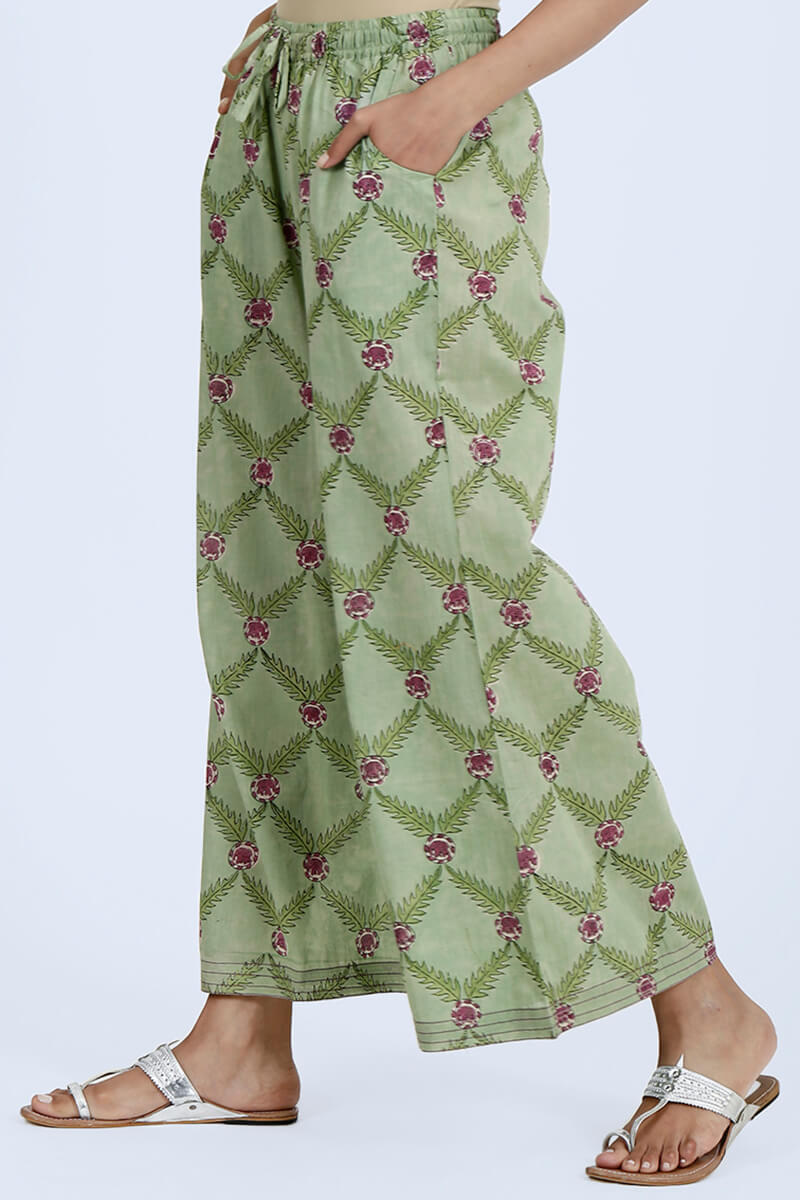 Green Block Printed Cotton Palazzo