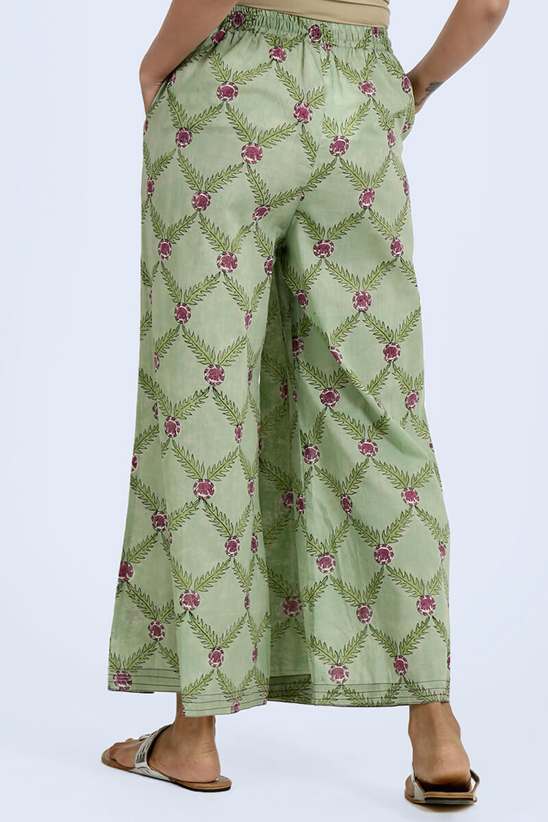 Green Block Printed Cotton Palazzo