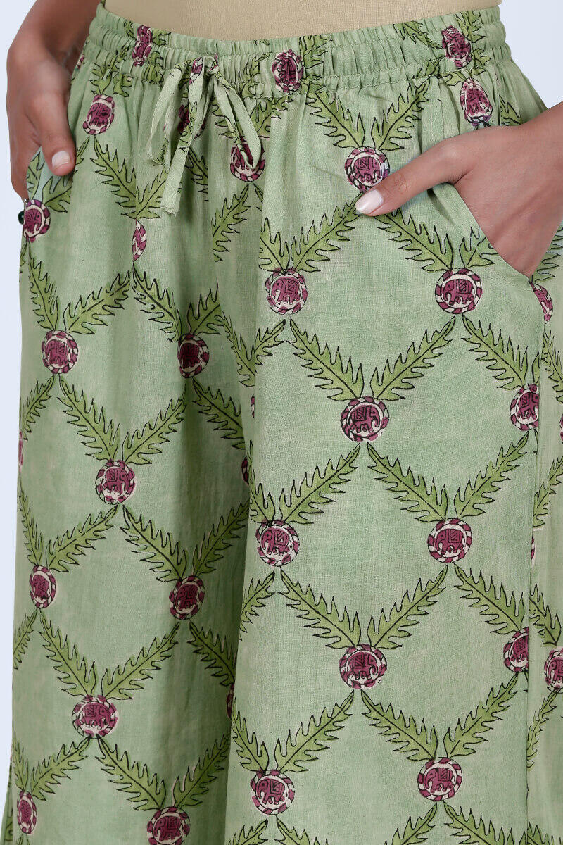 Green Block Printed Cotton Palazzo