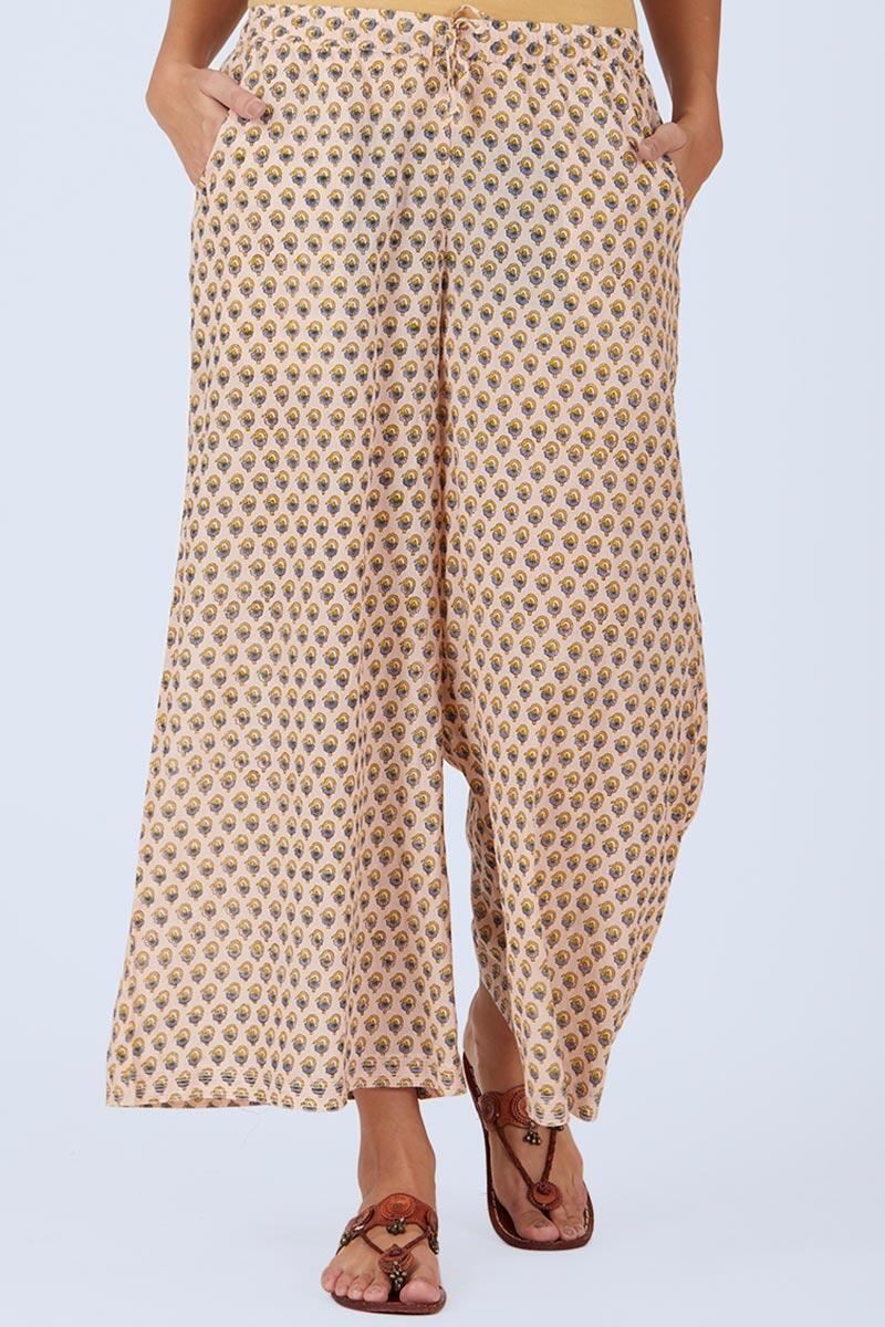 Beige Block Printed Cotton Farsi Pants
