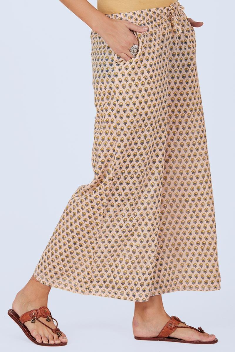 Beige Block Printed Cotton Farsi Pants
