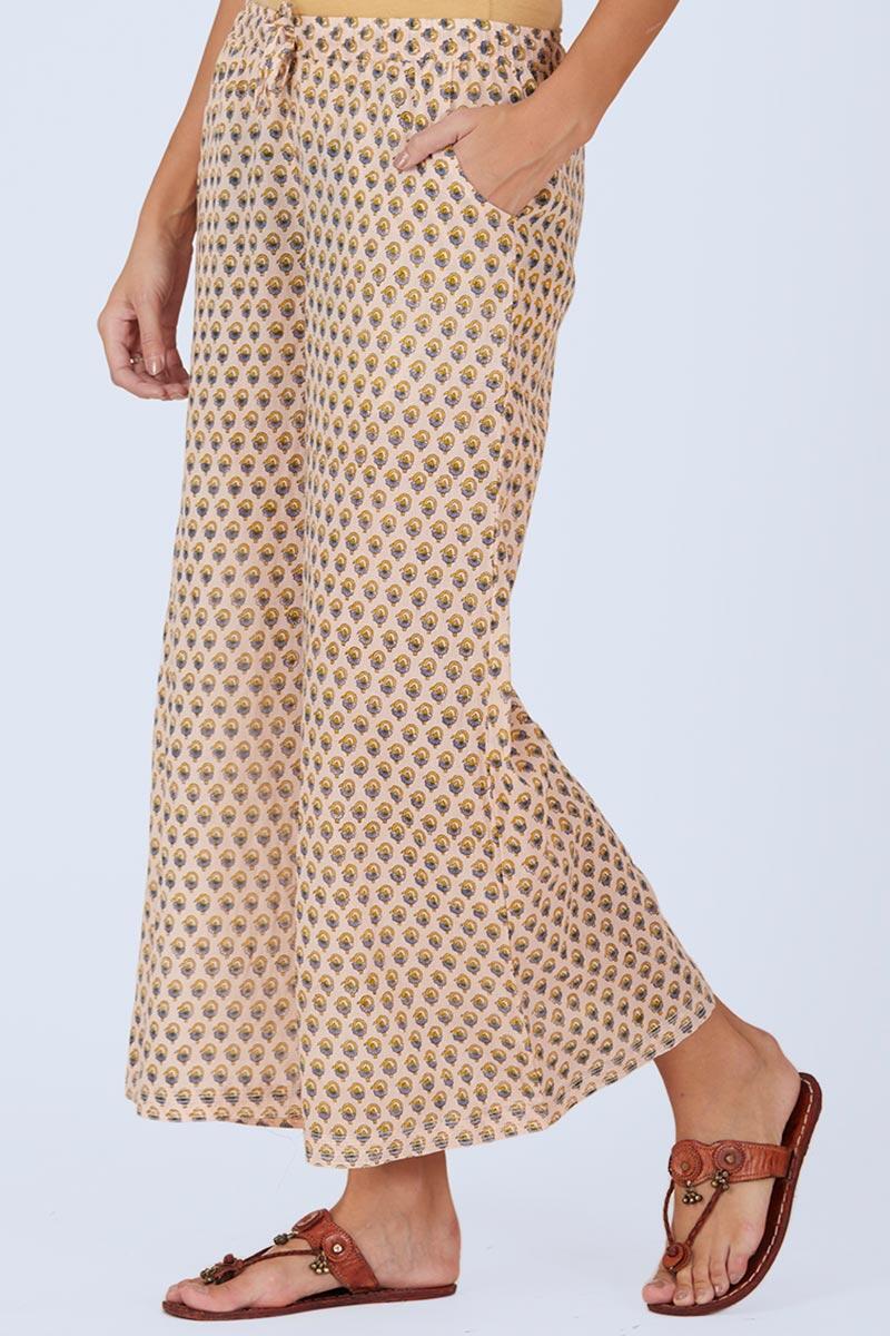 Beige Block Printed Cotton Farsi Pants
