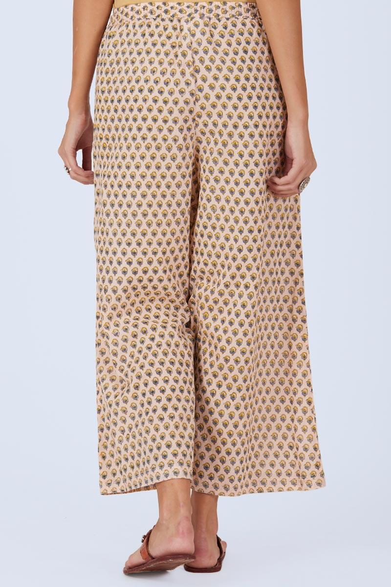 Beige Block Printed Cotton Farsi Pants