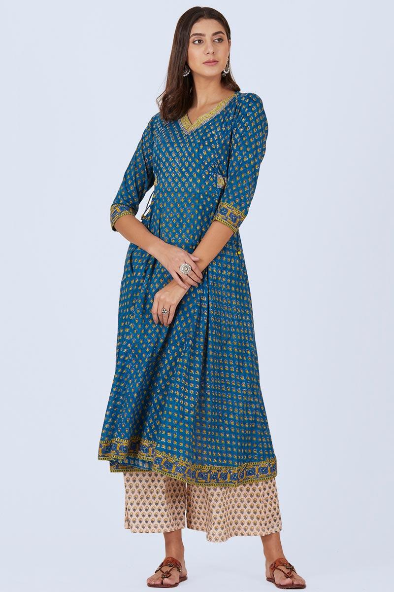 Beige Block Printed Cotton Farsi Pants