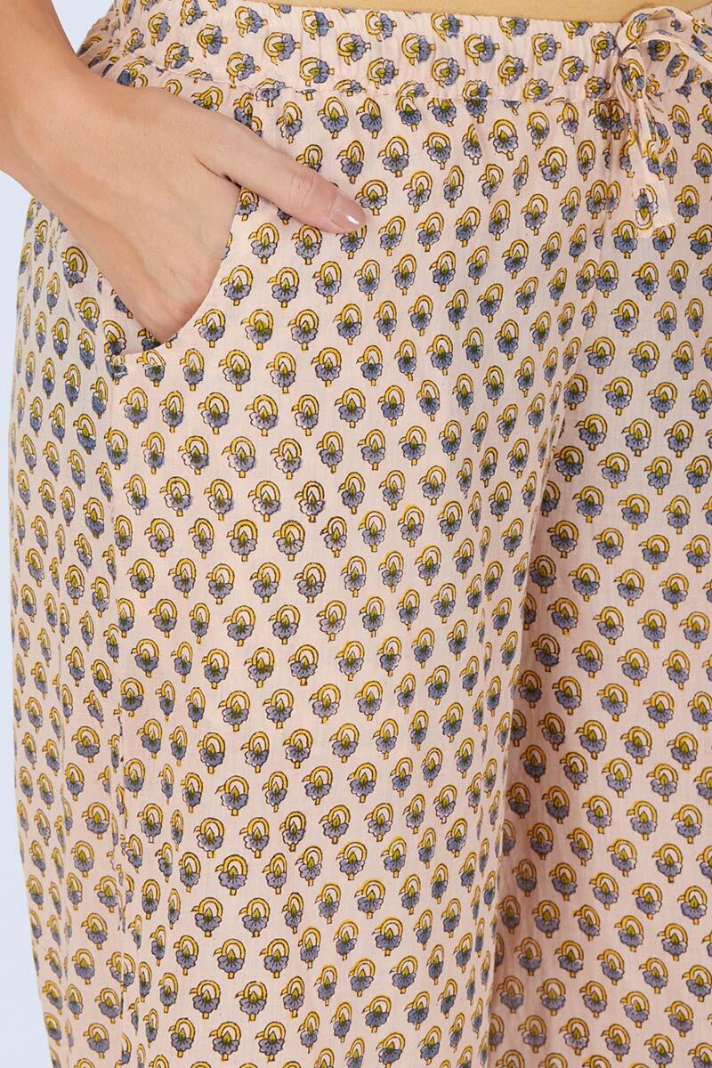 Beige Block Printed Cotton Farsi Pants