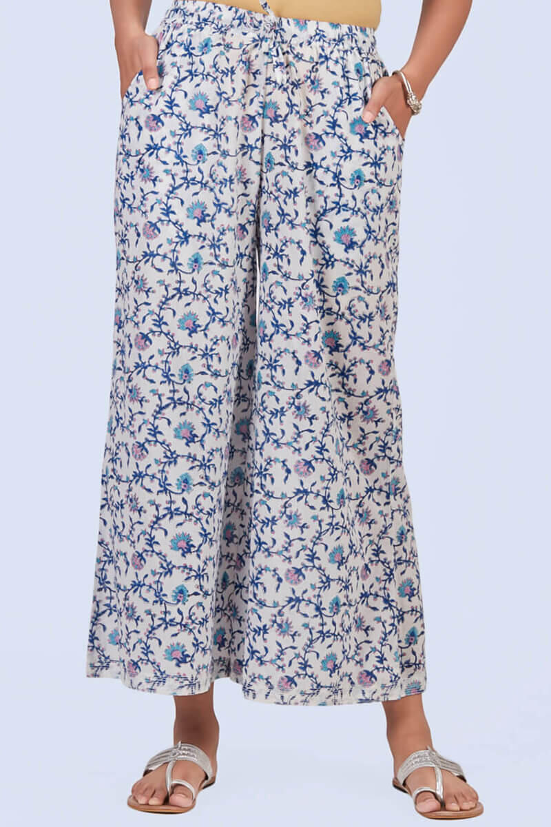 Blue Block Printed Cotton Palazzo