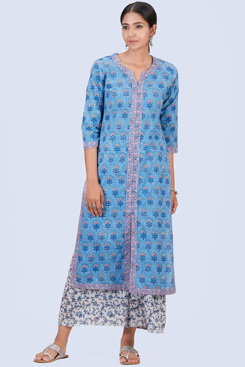 Blue Block Printed Cotton Palazzo