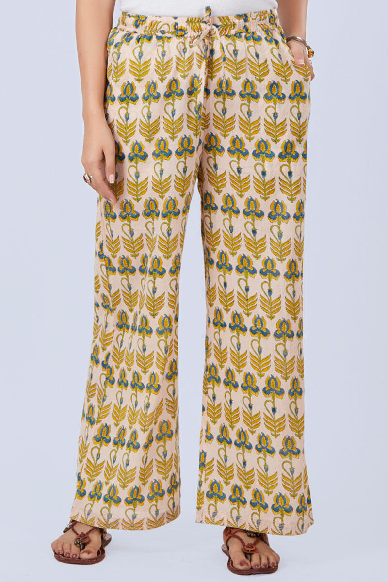 Yellow Block Printed Cotton Farsi Pants