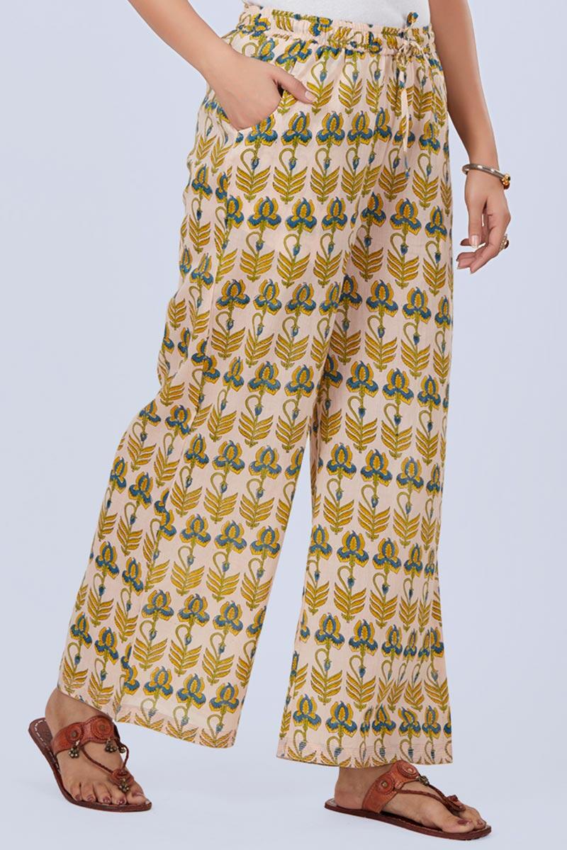 Yellow Block Printed Cotton Farsi Pants