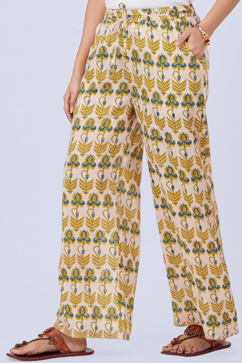 Yellow Block Printed Cotton Farsi Pants