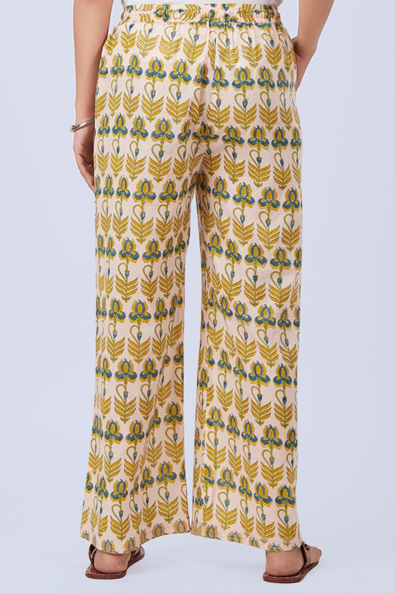 Yellow Block Printed Cotton Farsi Pants