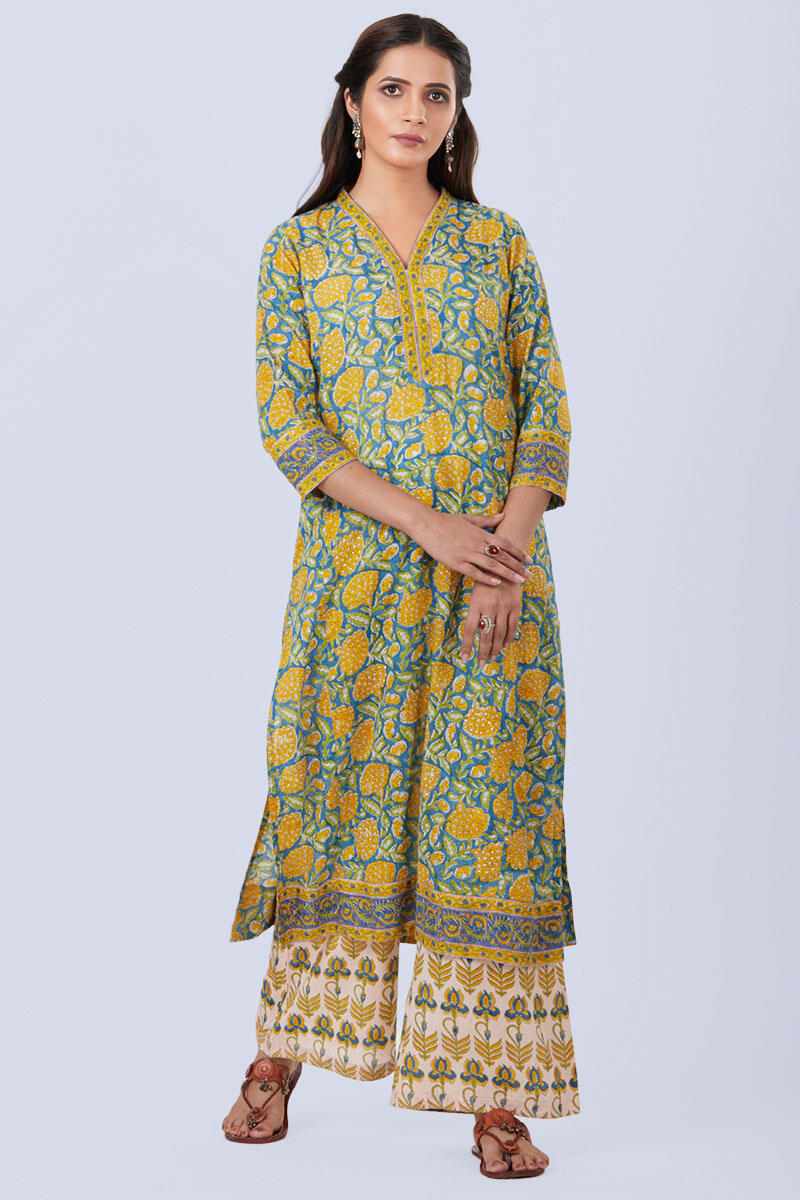 Yellow Block Printed Cotton Farsi Pants