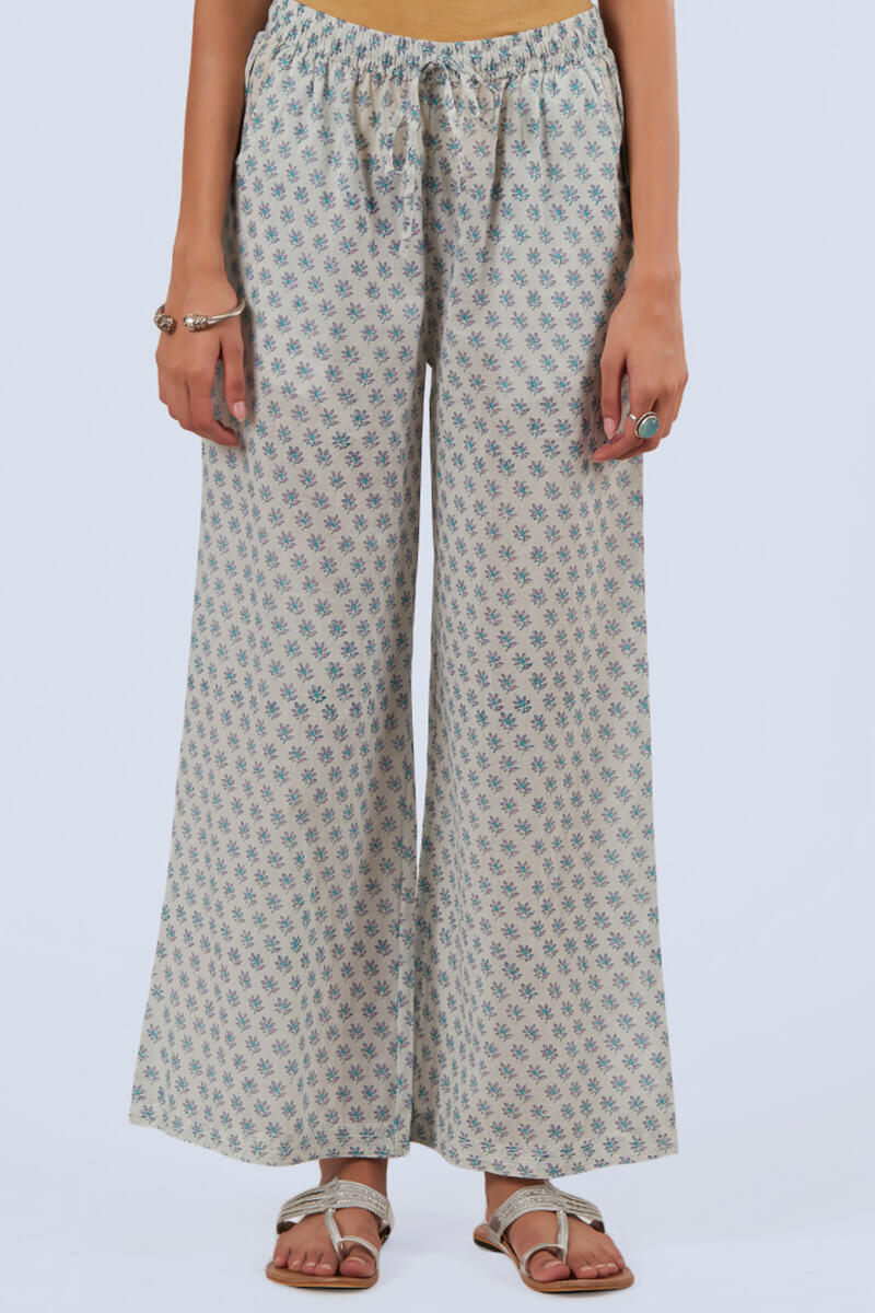 White Block Printed Cotton Farsi Pants