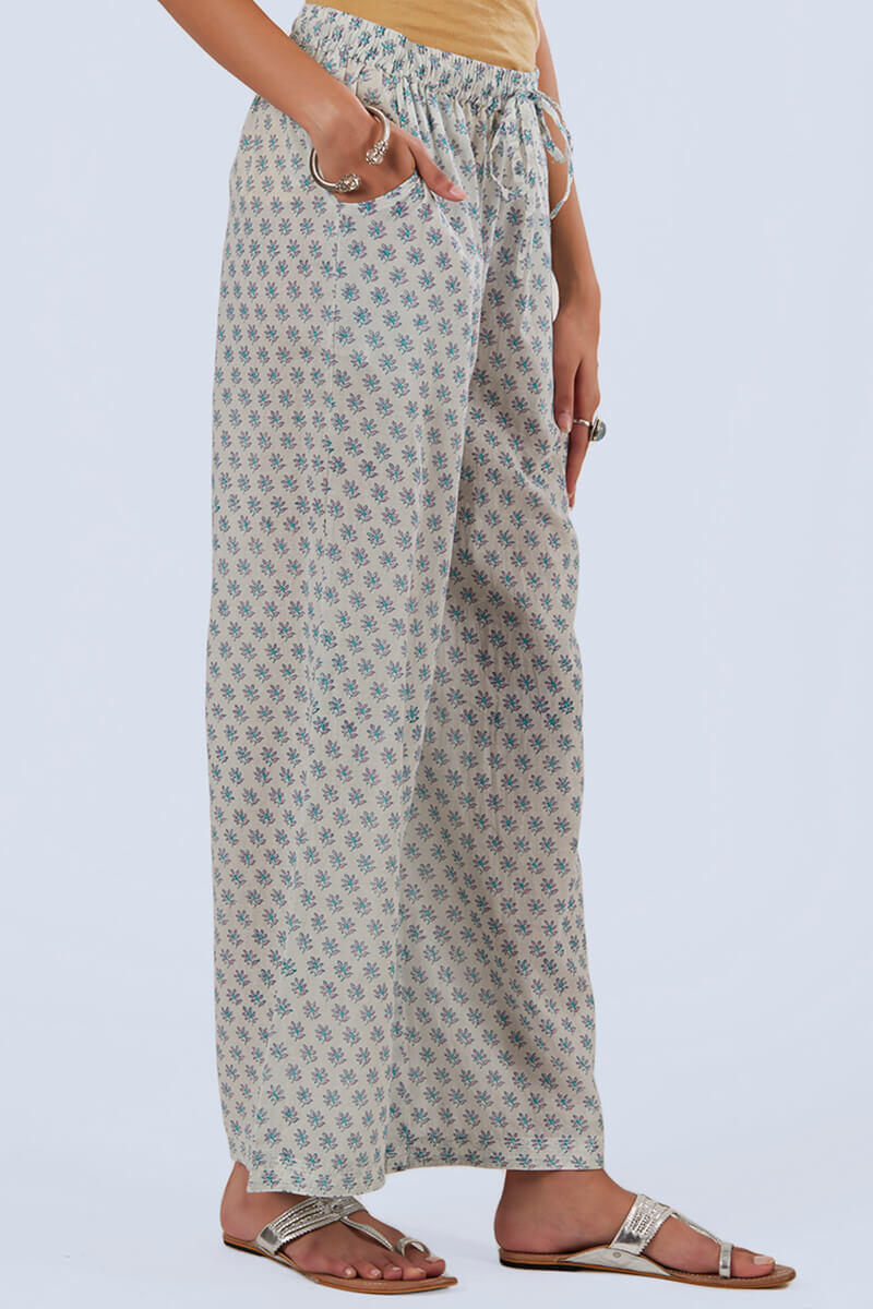 White Block Printed Cotton Farsi Pants