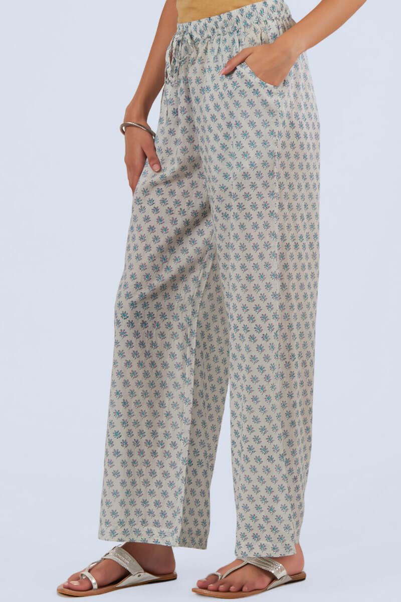 White Block Printed Cotton Farsi Pants