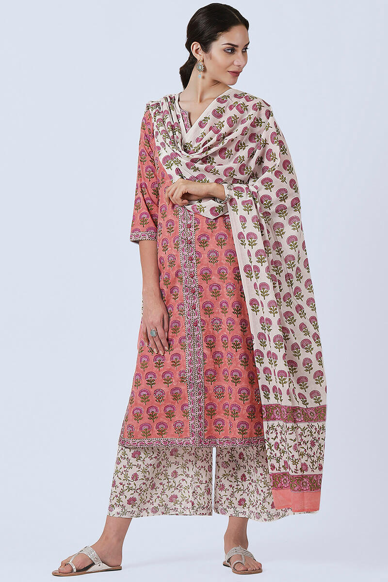 Pink Block Printed Cotton Dupatta