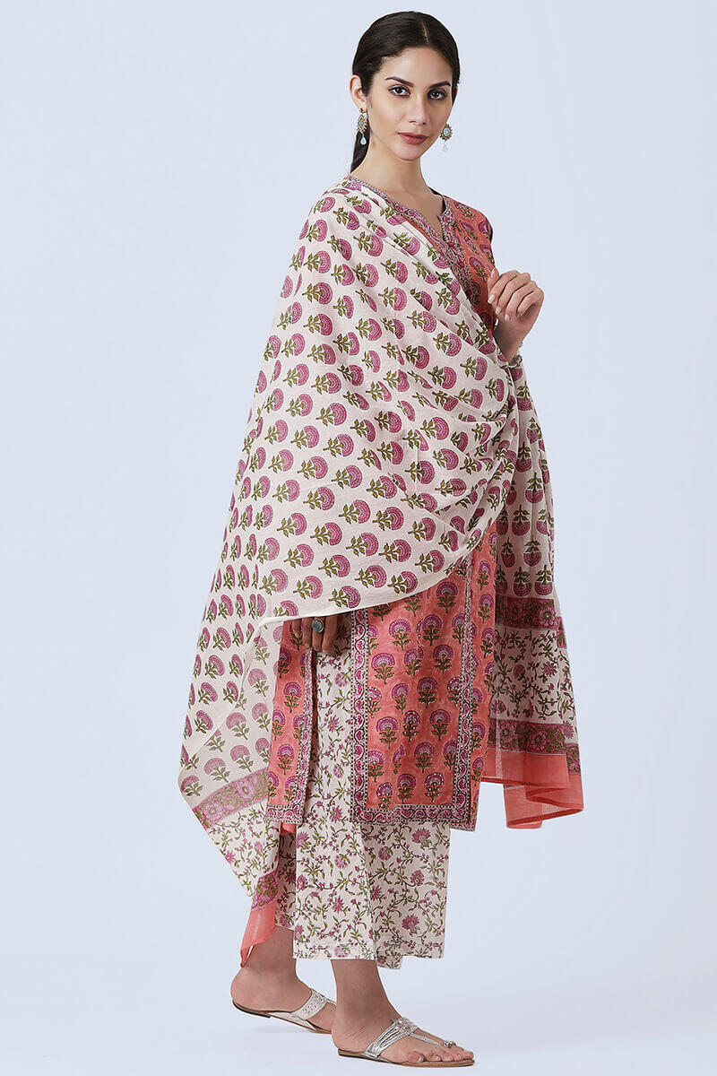 Pink Block Printed Cotton Dupatta