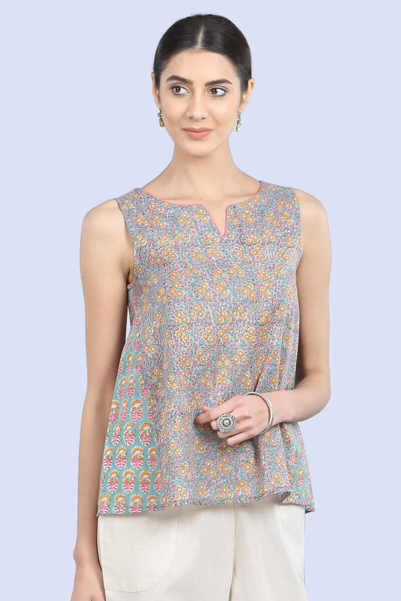 Green Block Printed Cotton Top