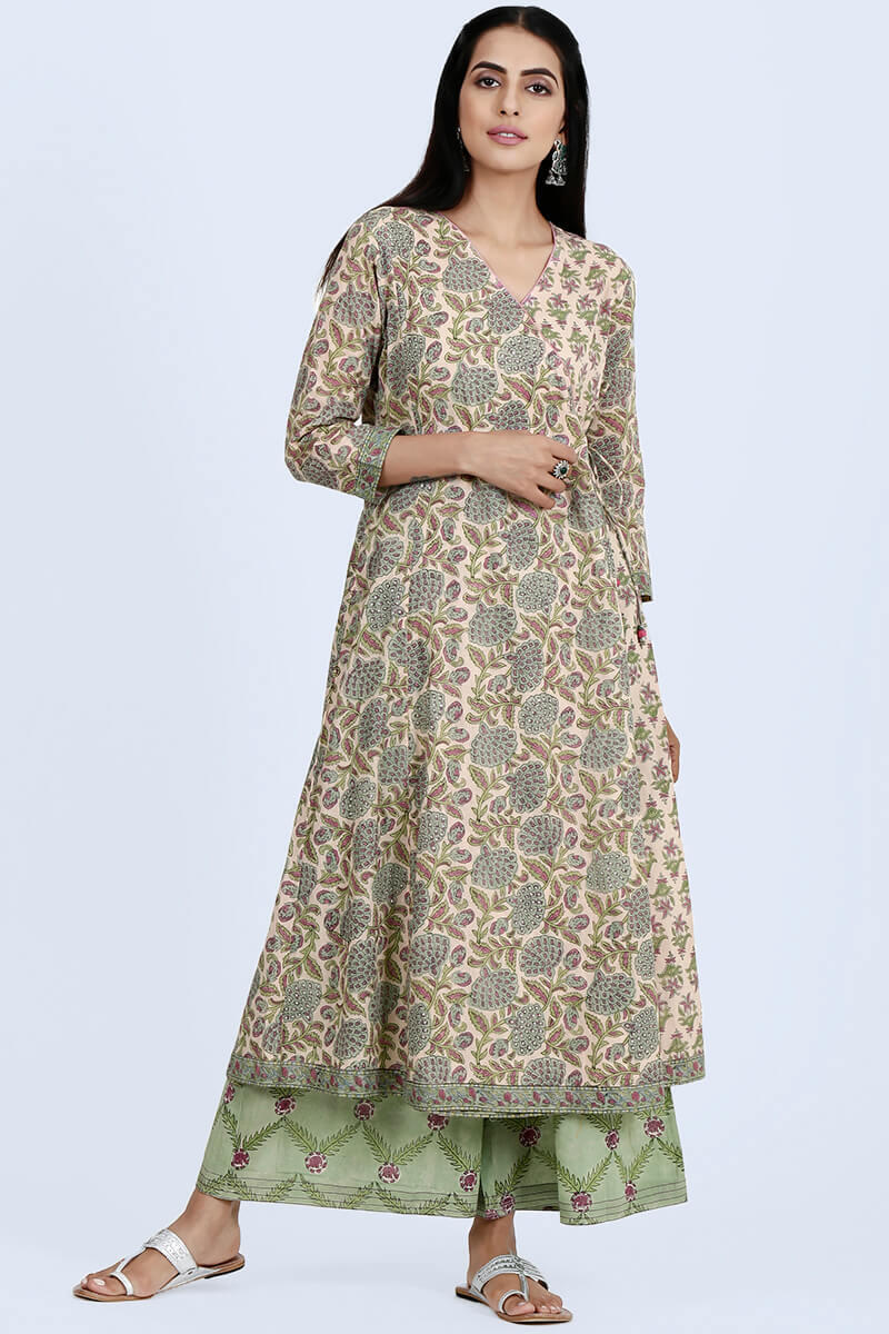 Pink Block Printed Angrakha Cotton Kurta