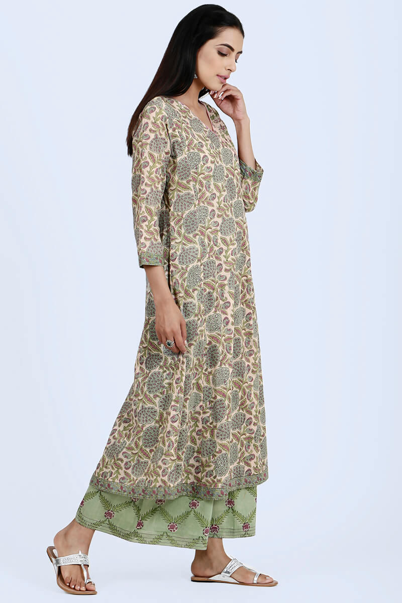 Pink Block Printed Angrakha Cotton Kurta