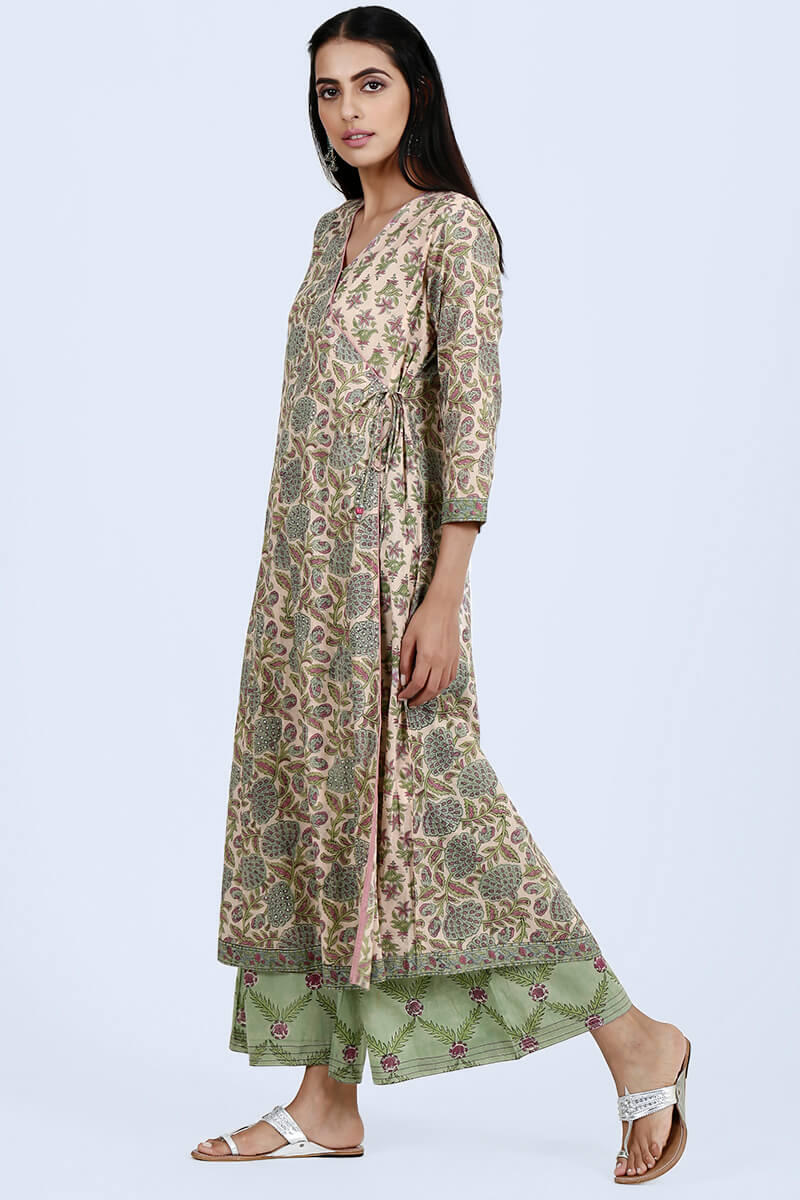 Pink Block Printed Angrakha Cotton Kurta