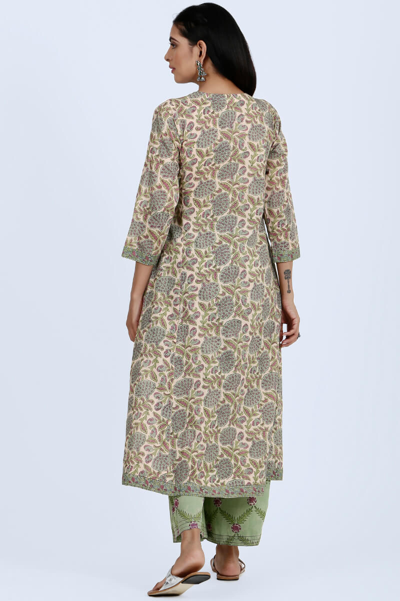 Pink Block Printed Angrakha Cotton Kurta