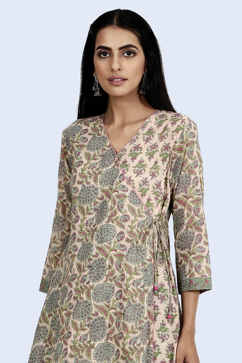 Pink Block Printed Angrakha Cotton Kurta