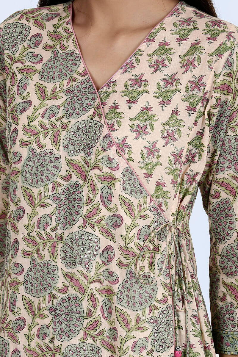 Pink Block Printed Angrakha Cotton Kurta