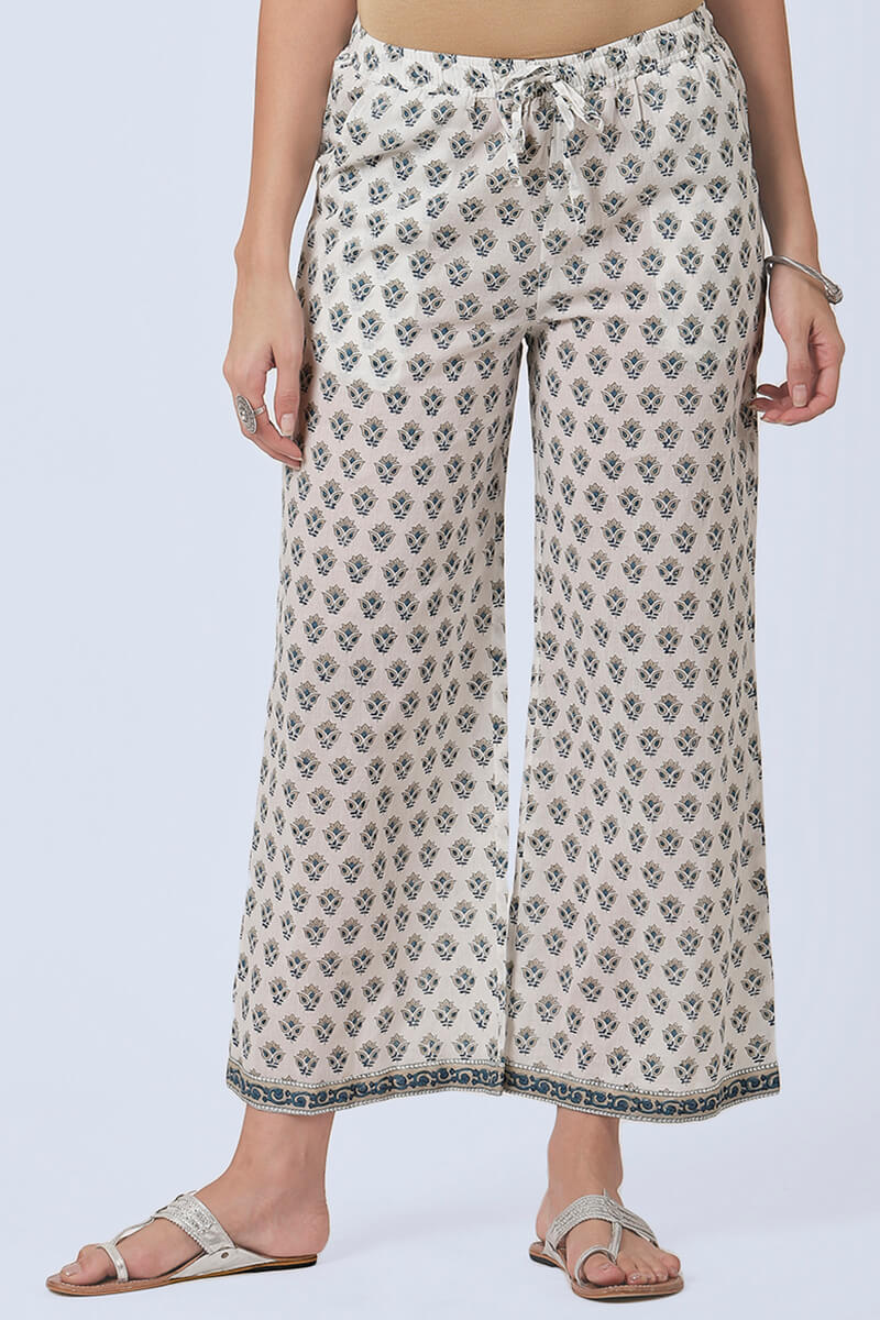 White Block Printed Cotton Farsi Pants