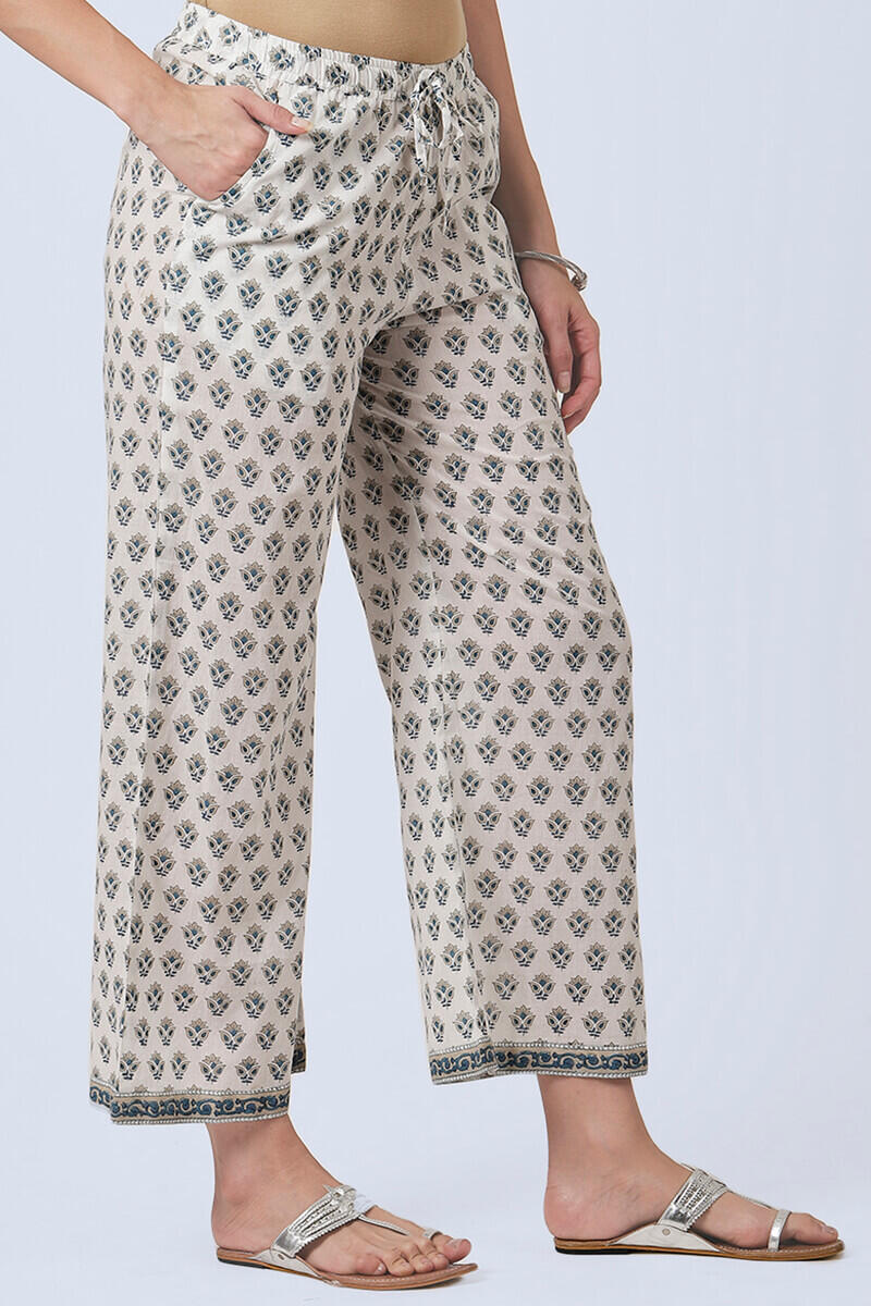 White Block Printed Cotton Farsi Pants