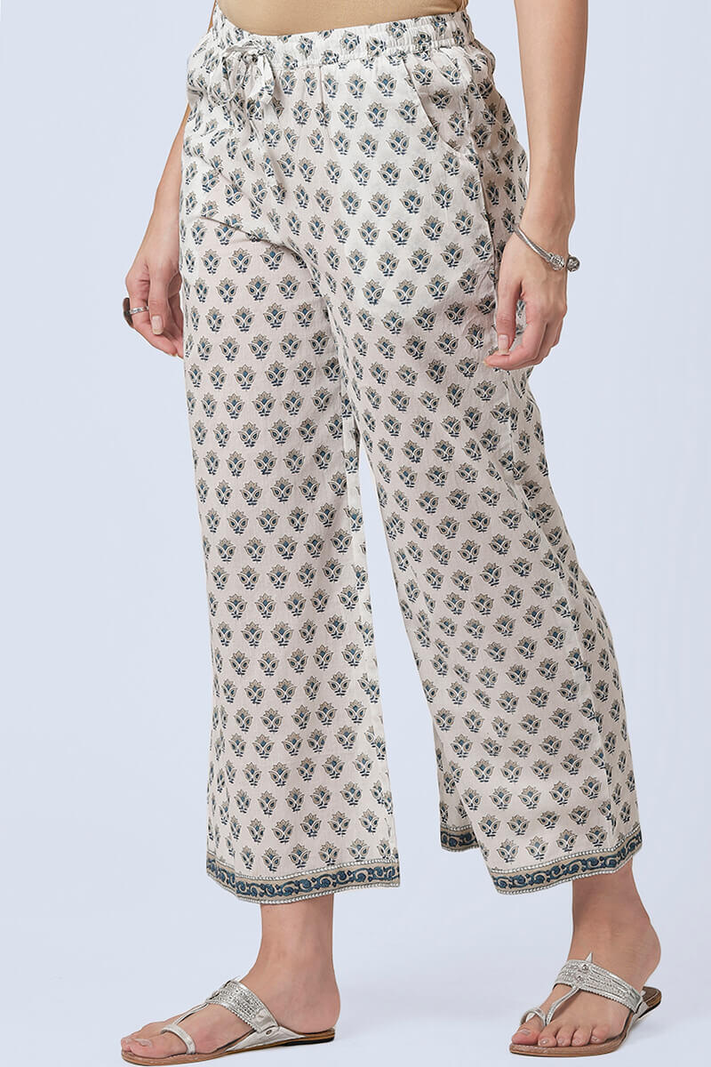 White Block Printed Cotton Farsi Pants
