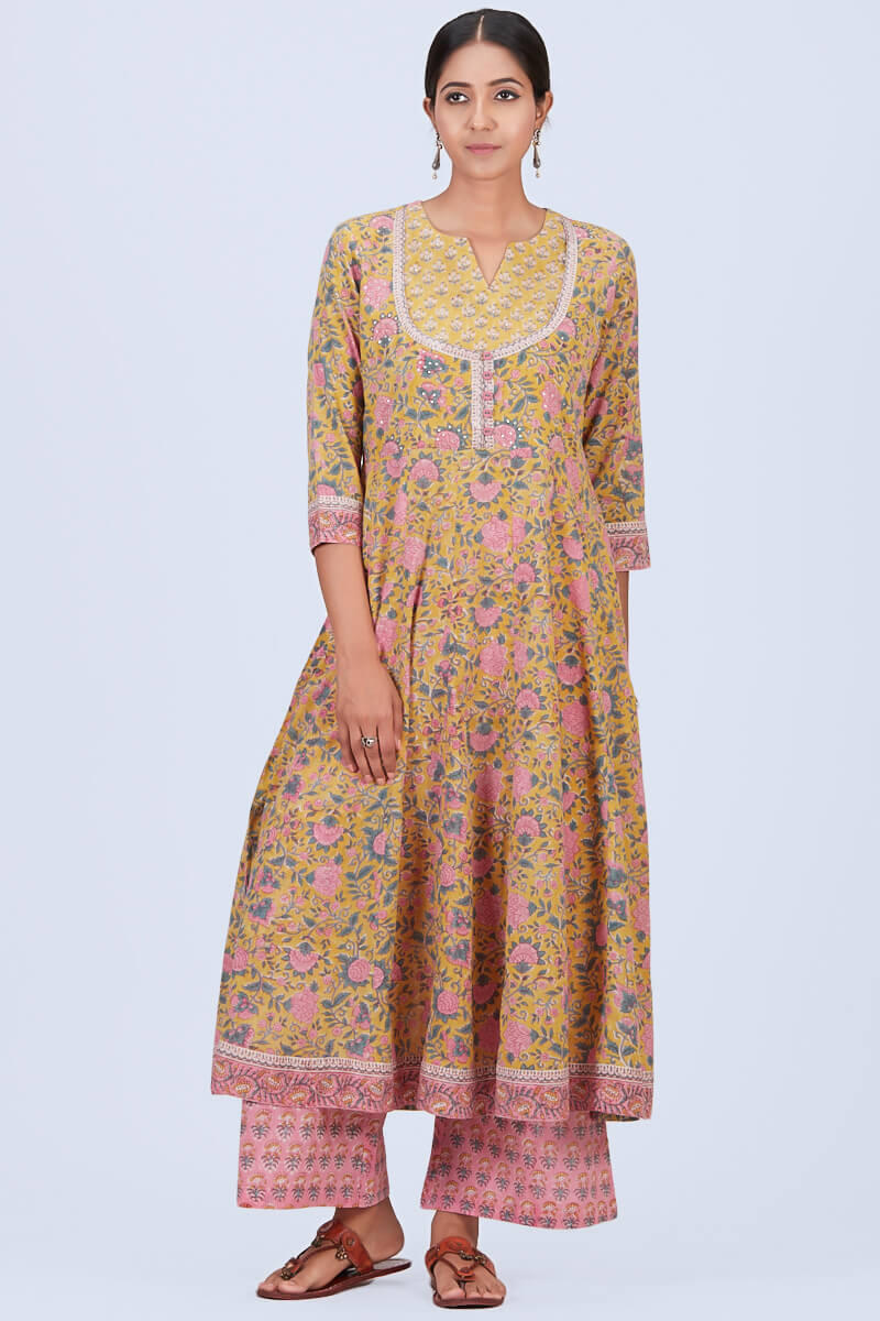 Yellow Block Printed Anarkali Cotton Kurta