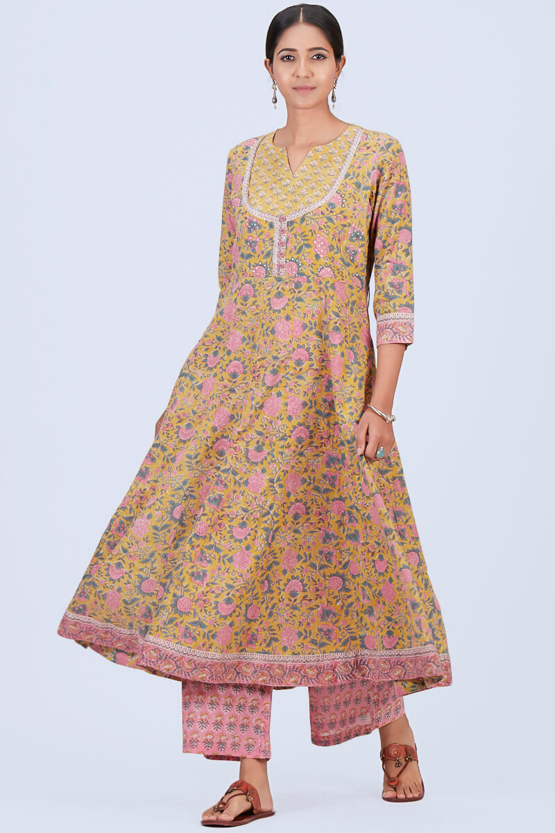 Yellow Block Printed Anarkali Cotton Kurta