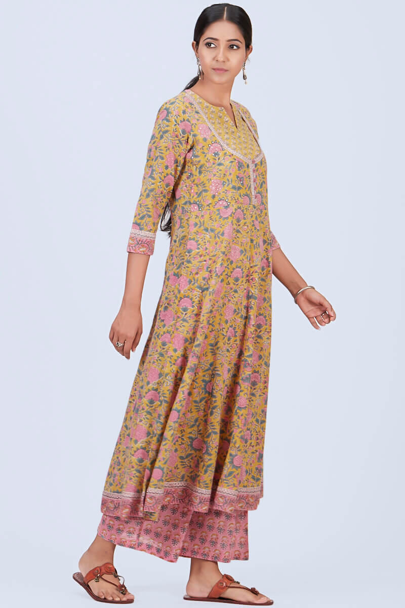 Yellow Block Printed Anarkali Cotton Kurta