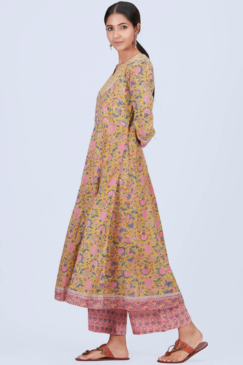 Yellow Block Printed Anarkali Cotton Kurta