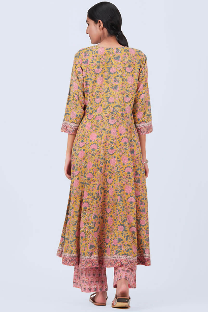 Yellow Block Printed Anarkali Cotton Kurta