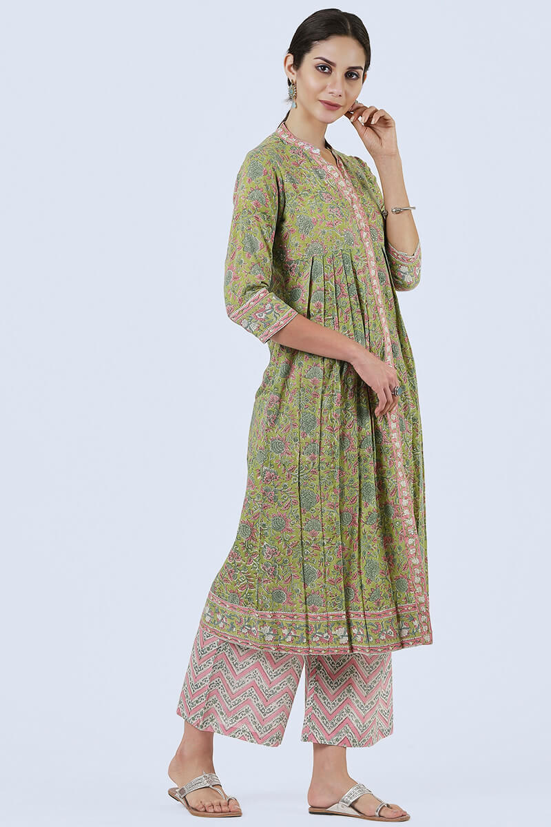 Green Block Printed Anarkali Cotton Kurta