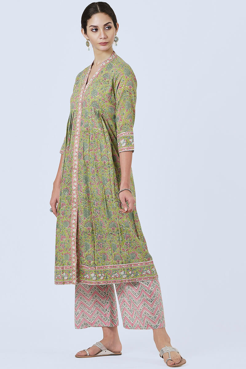 Green Block Printed Anarkali Cotton Kurta