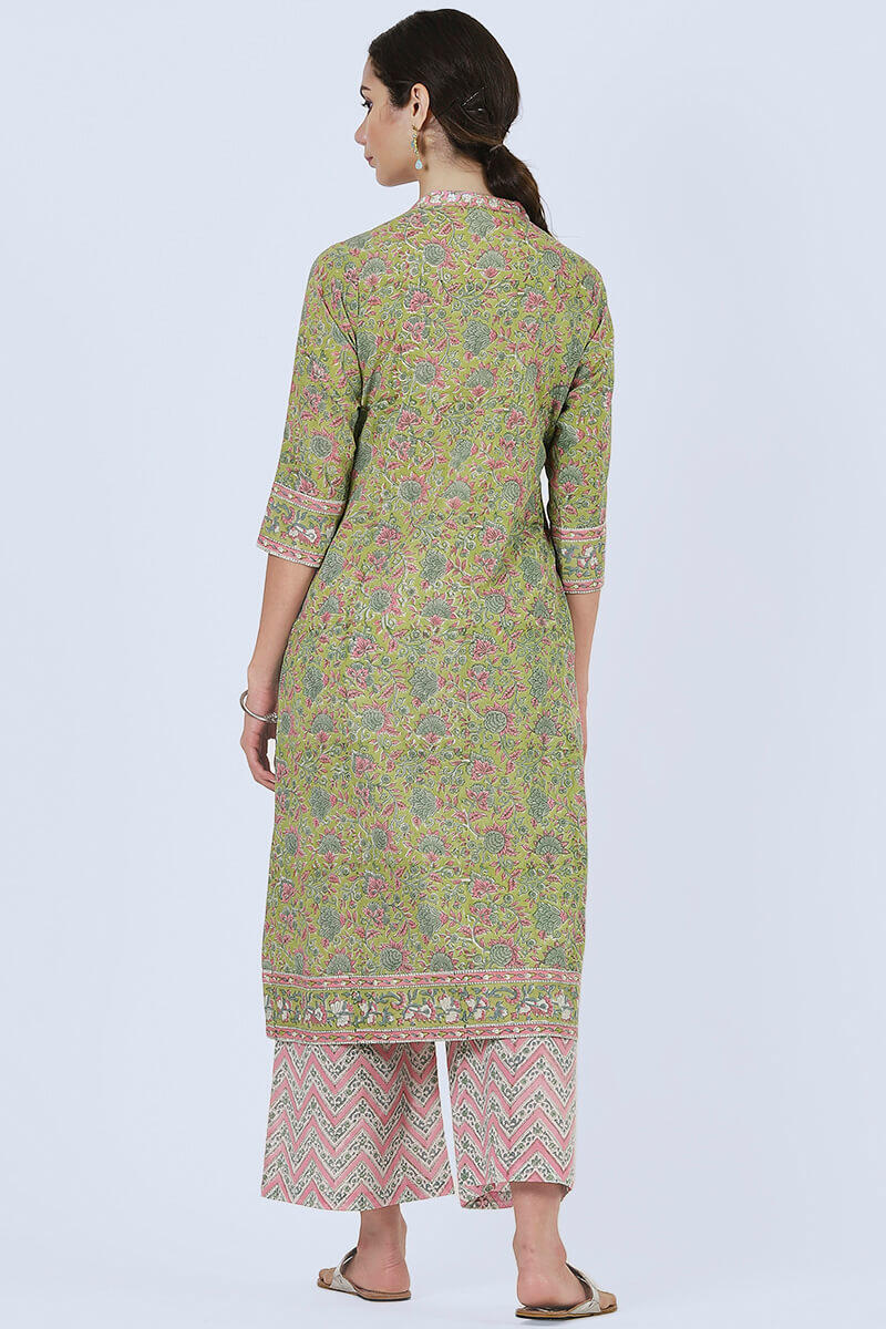 Green Block Printed Anarkali Cotton Kurta