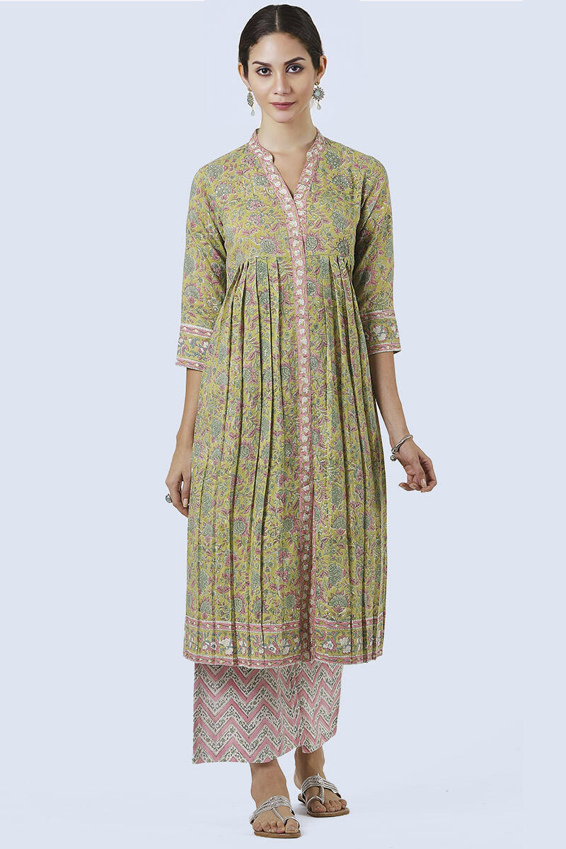 Green Block Printed Anarkali Cotton Kurta