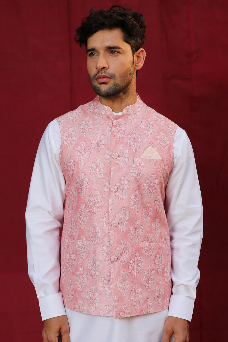 Pink Block Printed Chanderi Nehru Jacket