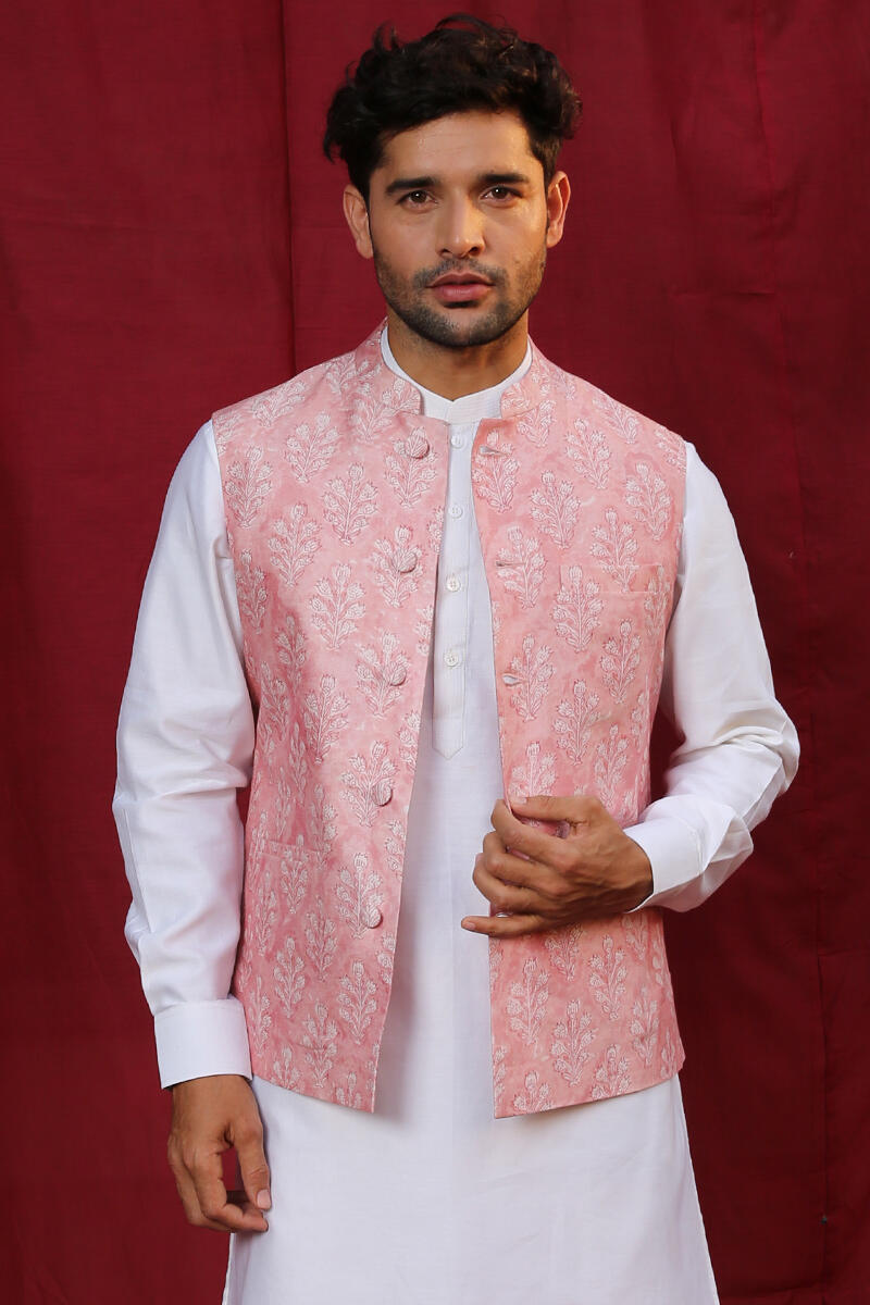 Pink Block Printed Chanderi Nehru Jacket